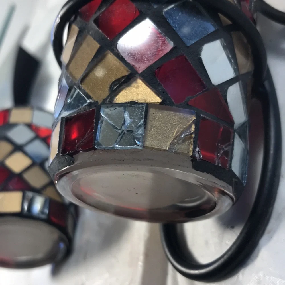 Decorative Metal and Mosaic Candle Holders and Stones Vintage Wall Sconces